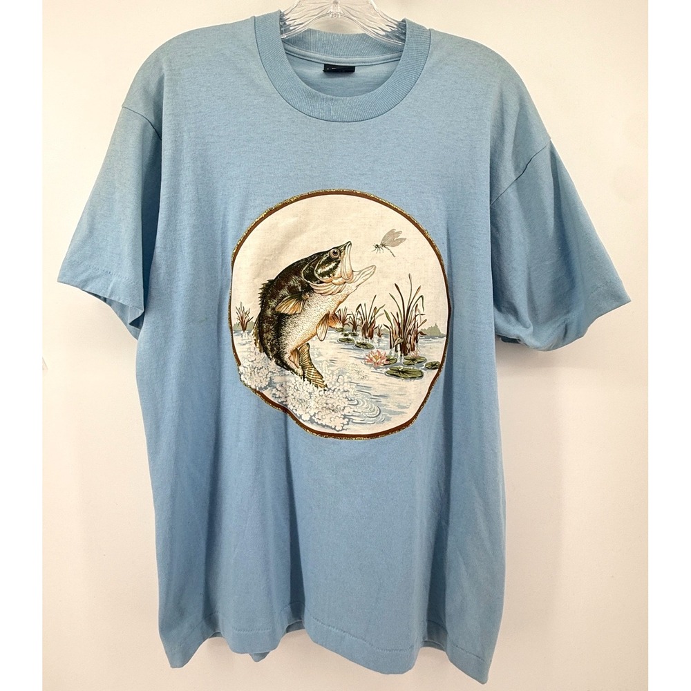Vintage Screen Stars Best Bass Fishing Graphic T-Shirt Light Blue Large USA Made